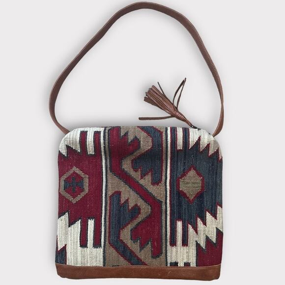 Southwestern Kelim Saddle Blanket Woven Tote Bag Purse Tooled Leather Trim - Picture 5 of 11